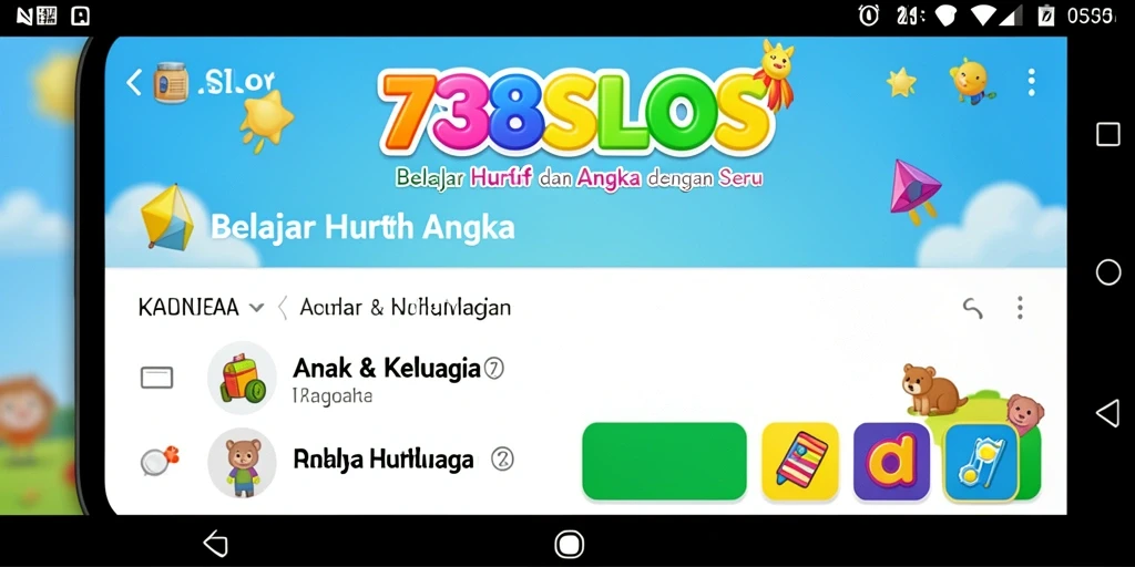Antarmuka aplikasi 738SLOTS yang menarik dan interaktif untuk belajar huruf dan angka.
