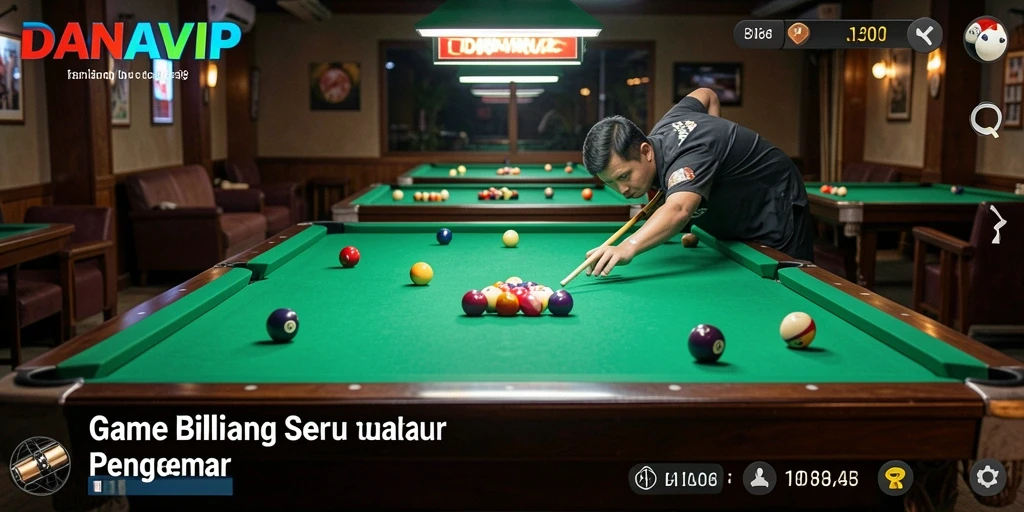 Screenshot utama DANAVIP menampilkan grafis dan antarmuka permainan billiard yang realistis.