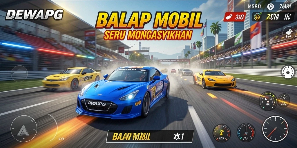 Tampilan antarmuka DEWAPG yang menampilkan aksi balap mobil yang seru.