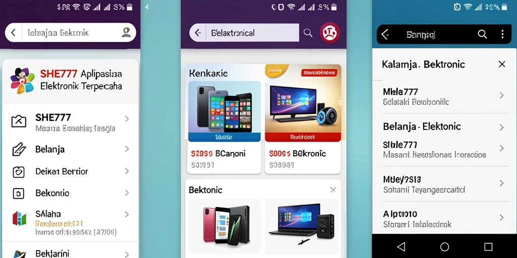 Tampilan antarmuka aplikasi SHE777 yang user-friendly untuk belanja elektronik.