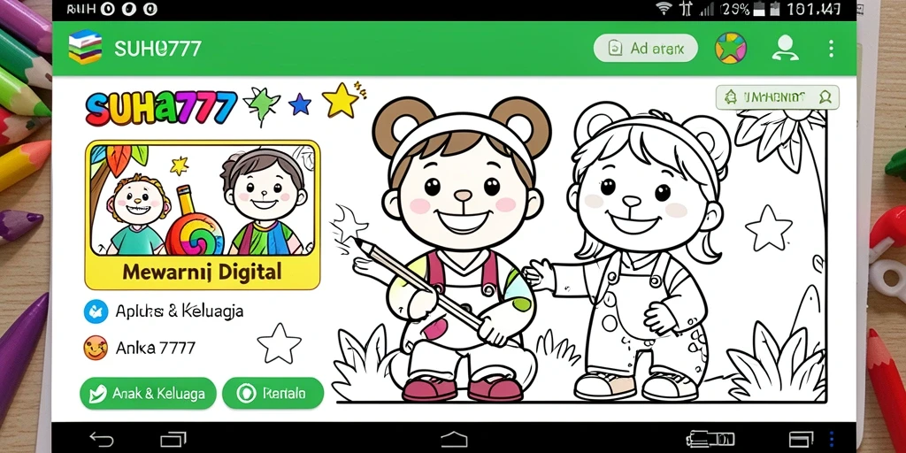 Antarmuka SUHU777 yang ramah anak untuk mewarnai digital.