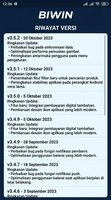 Riwayat Versi Terbaru Aplikasi biwin untuk Android